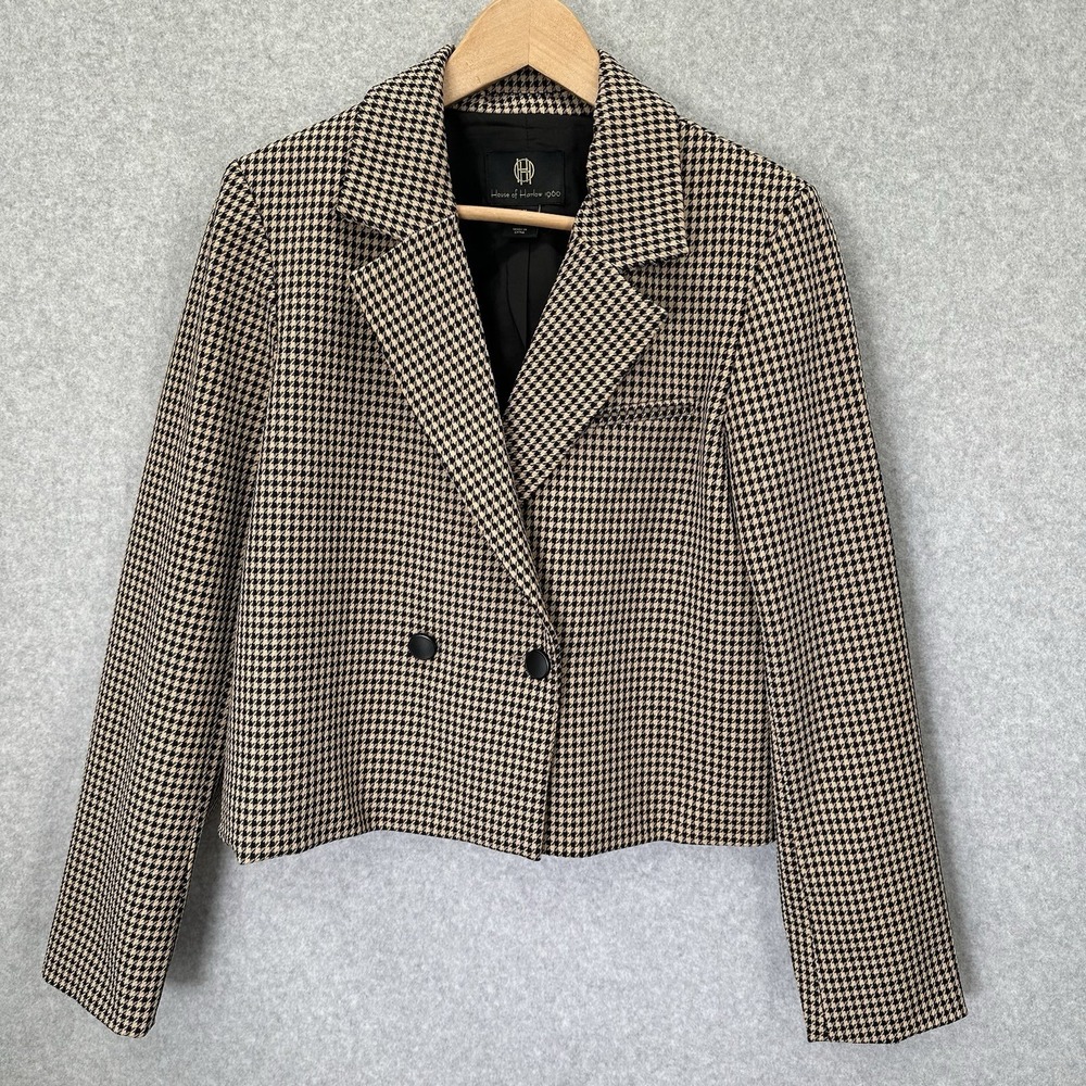 House of Harlow 1960 Notch‎ Lapel Brown Houndstooth Cropped Blazer Size Medium